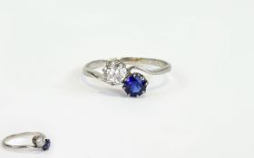 Art Deco Period 18ct White Gold Set Diamond and Sapphire Crossover Ring.