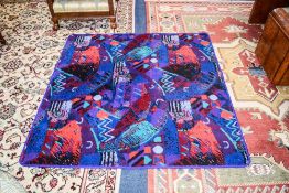 Square Rug with purple and red geometric design. c 1980's.