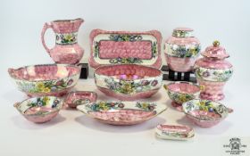 Large Collection Of Maling Lustreware In Springtime, Waved Pink Pattern.