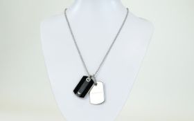 Emporio Armani Dog Tag Necklace Silver tone metal chain with double dog tag in black enamel and