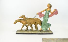 Art Deco Period Large Hand Painted - Chalk Ware Figure / Sculpture ' Lady with Borzoi Dogs '