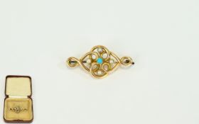 Victorian Period 15ct Gold Turquoise and Seed Pearl Bar Brooch. Marked 15ct. 1.75 Inches wide.