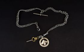 Victorian Period Double Albert - Silver Chain with T-Bar, Masonic Medal and Key.