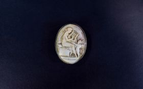 Italian Shell Cameo Brooch 20th Century Italian brooch of oval form with carved detail of goddess