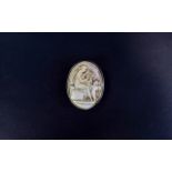 Italian Shell Cameo Brooch 20th Century Italian brooch of oval form with carved detail of goddess