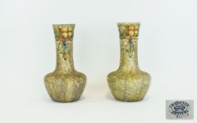 Cranston Pottery Art Nouveau Pair of Tube lined Vases. c.1900 - 1919. Stylish Fruit Design.