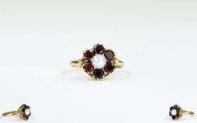 Antique 9ct Gold Garnet and Pearl Set Cluster Ring. Flowerhead Setting, Marked 9ct.