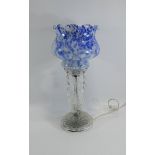 Glass Table Lamp, Blue Mottled Pattern Glass Shade with Glass Droplets. 17 Inches High.