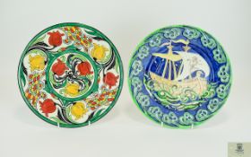 Maling - Fine and Rare Majolica Hand Painted Charger From The 1930's ' Galleon Ship ' on Cobalt