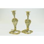 A Vintage Pair of Golden Brass Cobra Candlesticks. Each 6.75 Inches High.