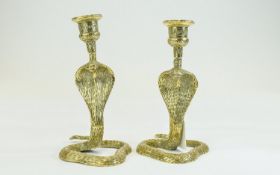 A Vintage Pair of Golden Brass Cobra Candlesticks. Each 6.75 Inches High.