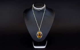 Silver And Tigers Eye Pendant Long fancy