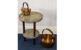 Circular Brass And Wood Occasional Table