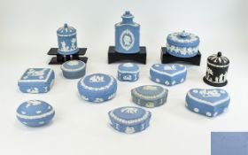 Wedgwood Blue Jasperware - Good Collection of 13 ( Thirteen ) Lidded Jars, Various Shapes and Sizes.