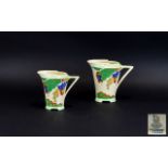 Royal Doulton - Hand Painted Art Deco Conical Shaped Handle Pair of Jugs, In The ' Caprice ' Design.