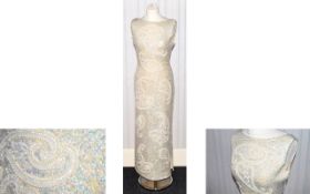 Vintage Heavily Beaded Virgin Wool Shift Dress Midi length fitted shift dress in cream virgin wool