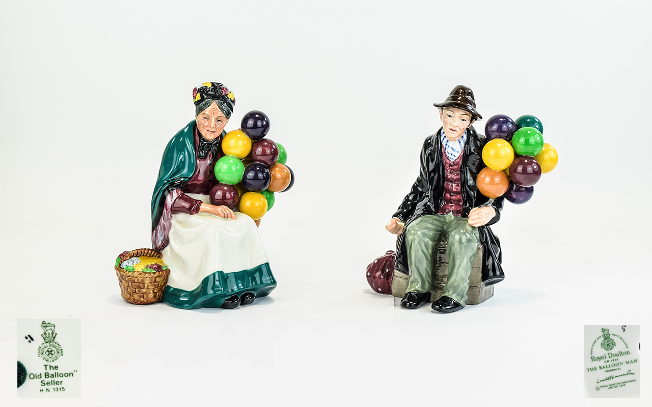 Royal Doulton Figures ( 2 ) Comprises 1/ The Balloon Man. HN 1954, Designer L. Harradine. Height 7.