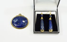 Lapiz Lazuli Oval Brooch And Drop Earrings Large oval lapiz cabouchon set in gold tone metal