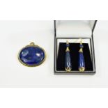 Lapiz Lazuli Oval Brooch And Drop Earrings Large oval lapiz cabouchon set in gold tone metal