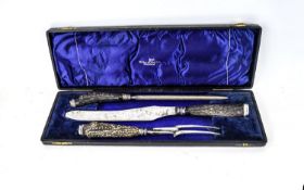 Walker And Hall Nice Quality Silver Banded - Horn Handle Set Of Servers Boxed and hallmarked