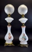 French 19th Century Pair of Banquet Opaline Glass Kerosene Lamps, Decorated with Portraits of