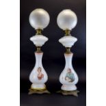 French 19th Century Pair of Banquet Opaline Glass Kerosene Lamps, Decorated with Portraits of