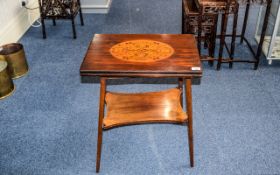 Card Table Inlaid dark wood gaming table with fold out top and green baize, ribbon and floral wood