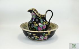 Maling - Large Hand Painted Wash Basin and Pitcher From The 1920's. Floral Pattern on Black