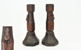 Robert Thompson - Mouseman Pair of Early Oak Candlesticks. c.1930's.