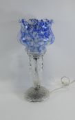 Glass Table Lamp, Blue Mottled Pattern Glass Shade with Glass Droplets. 17 Inches High.