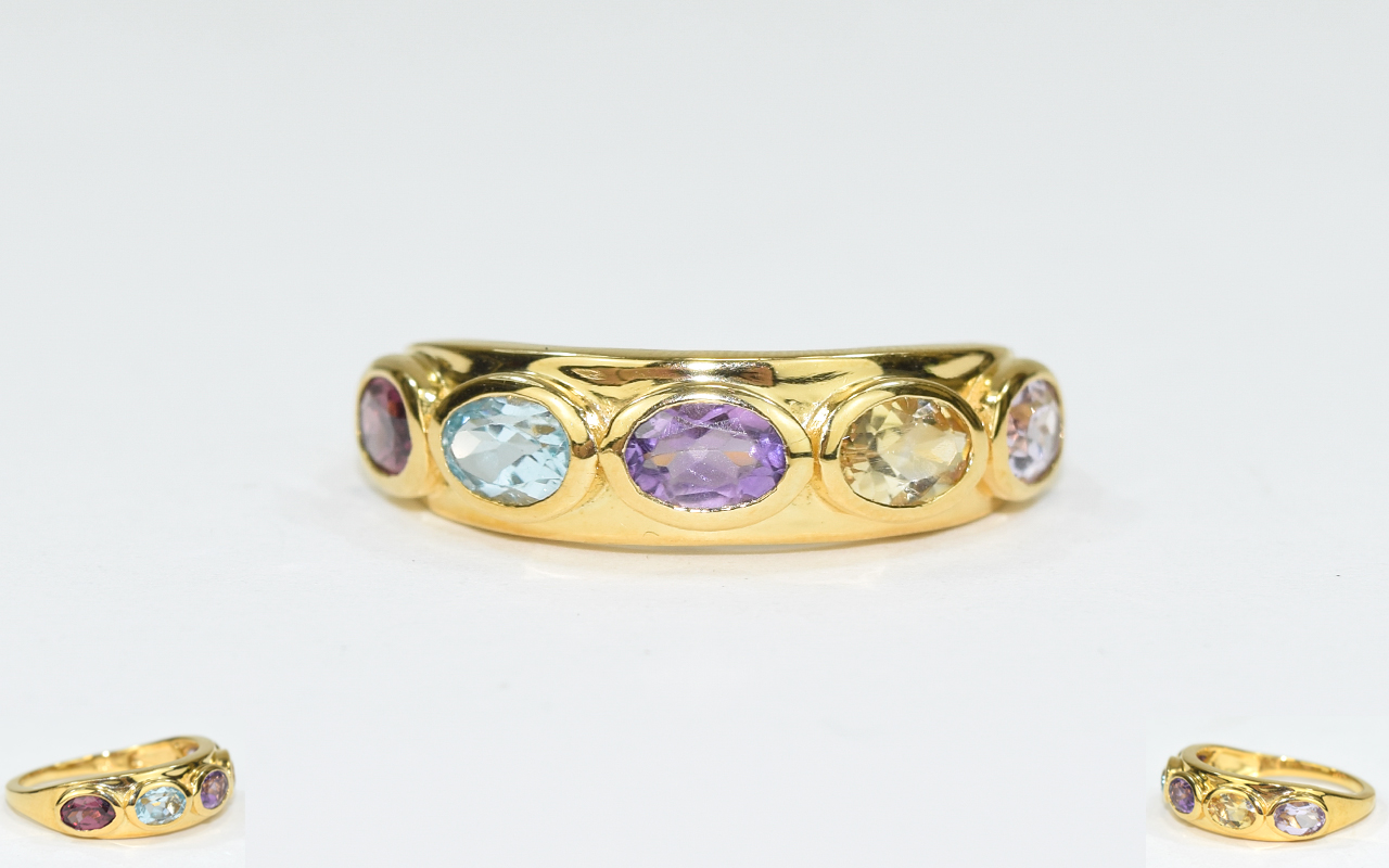 Multi Gemstone Band Ring, oval cuts of amethyst, sky blue topaz, rhodolite garnet,