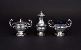 A Solid Silver 3 Piece Cruet Set From The 1920's. Comprises Mustard Pot, Salt & Pepperette.