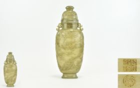 Chinese - Impressive and Fine Carved Early 20th Century Celadon Jade Twin Handle Lidded Vase,