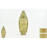 Chinese - Impressive and Fine Carved Early 20th Century Celadon Jade Twin Handle Lidded Vase,