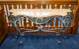 Console Table Contemporary metal and glass detail large table with taupe and grey tone faux marble