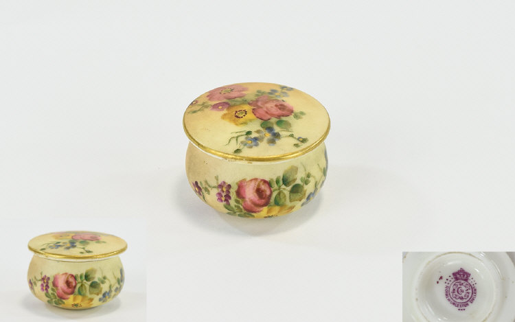 Royal Worcester Hand Painted Blush Ivory Miniature Lidded Pill Jar ' Spring Flowers ' Date 1906. 1.