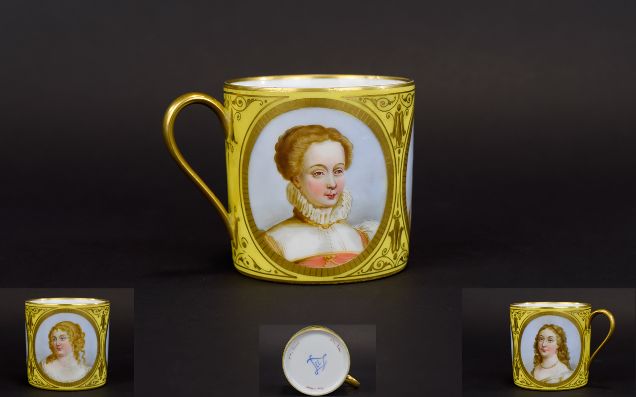 A Very Early Serves Hand Painted Cup with 3 Portrait Panels. 2.3/4 x 2.3/4 Inches.