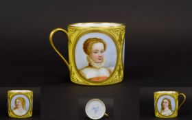 A Very Early Serves Hand Painted Cup with 3 Portrait Panels. 2.3/4 x 2.3/4 Inches.