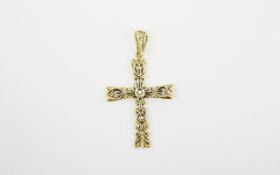 Antique - Ornate and Open Work 9ct Gold Cross with Diamond Inset On 18ct Gold Chain Marked 750.