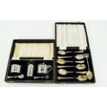 Silver Cruet Set In Fitted Box, Two Condiments & Pepperette With Two Spoons.