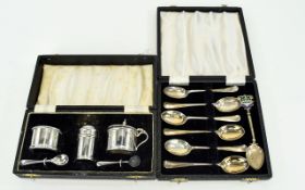 Silver Cruet Set In Fitted Box, Two Condiments & Pepperette With Two Spoons.