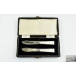 1940's Boxed Pair of Silver Bladed Butter Knives with Mother of Pearl Handles.