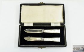 1940's Boxed Pair of Silver Bladed Butter Knives with Mother of Pearl Handles.