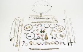 Collection Of Mixed Silver Jewellery Approx 10 oz in weight to include 3 bangles, various rings,