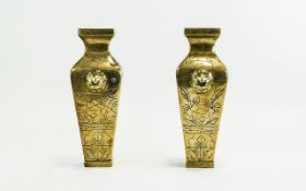 A Pair of 20th Century Brass Vases with Engraved Decoration. Each Standing 9 Inches High.
