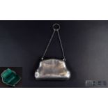Ladies Silver Purse with Leather Interior and Chain. Hallmark Birmingham 1910. 2.75 Inches High & 4.