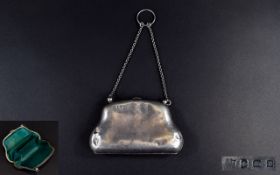 Ladies Silver Purse with Leather Interior and Chain. Hallmark Birmingham 1910. 2.75 Inches High & 4.