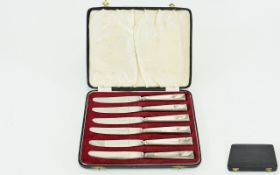 Art Deco Period Boxed Set of Six Silver Handle Butter Knifes. Hallmark Sheffield 1937, Maker E.