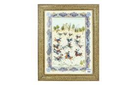 Framed And Mounted Handpainted Traditional Persian Depiction Of Polo Players Housed in ornate