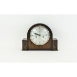 Vintage Mantle Clock Dark Wood Cased Art Deco mantle clock with brushed silver tone metal face and